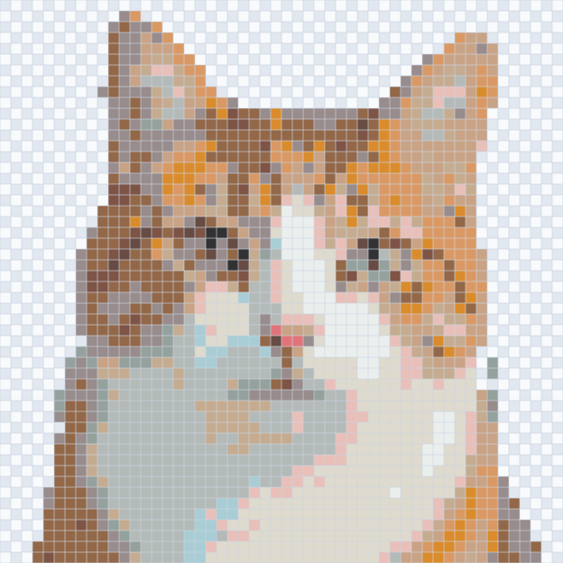 Actual 52 by 52 cat grid after background cleanup, with 16 Perler colors and empty cells around the subject.