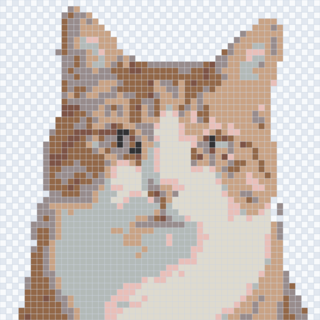 The same cat grid using 8 colors, with broader tonal changes across the fur and face.