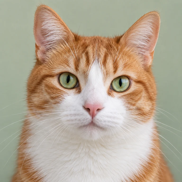 AI-generated orange-and-white cat portrait on a pale green background.