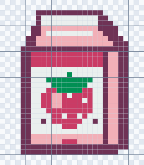 The same 28 by 32 Strawberry Milk Carton pattern with cell lines and five-cell reading guides.